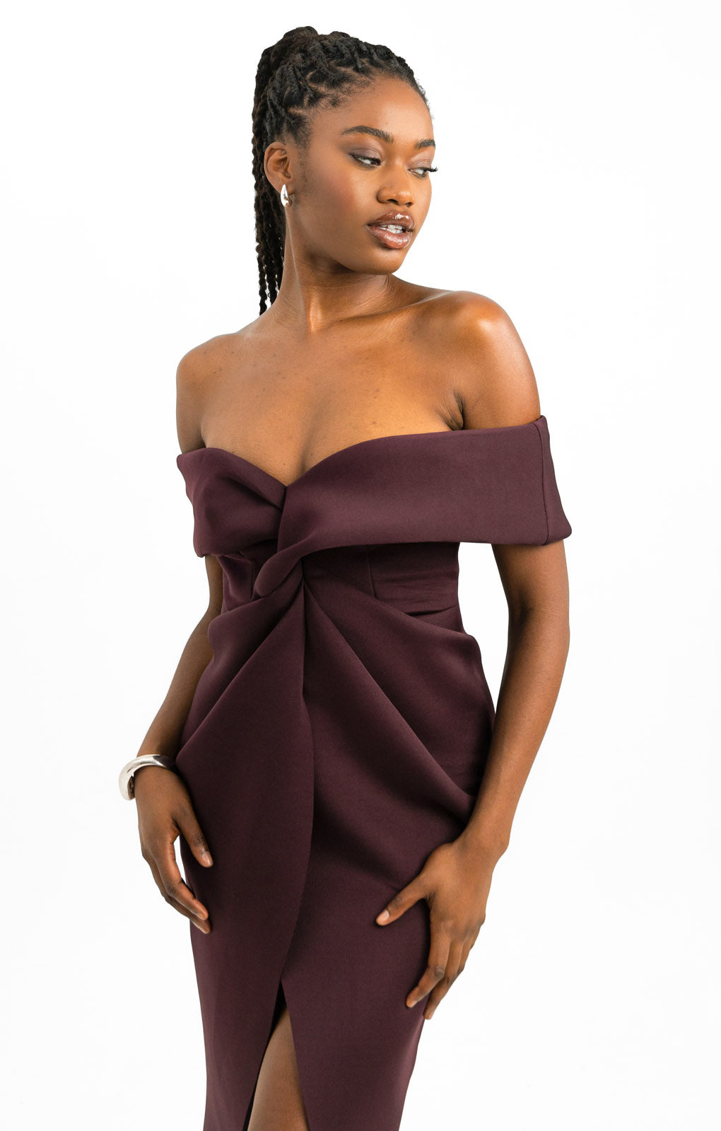 ASOS DESIGN Twist Front Off The Shoulder Midi Dress In Aubergine