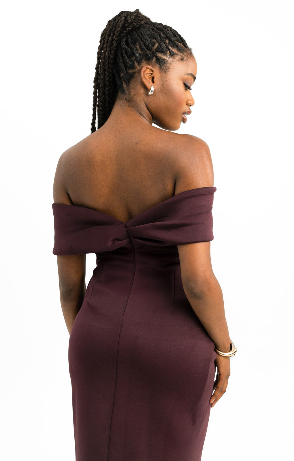 ASOS DESIGN Twist Front Off The Shoulder Midi Dress In Aubergine