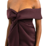 ASOS DESIGN Twist Front Off The Shoulder Midi Dress In Aubergine