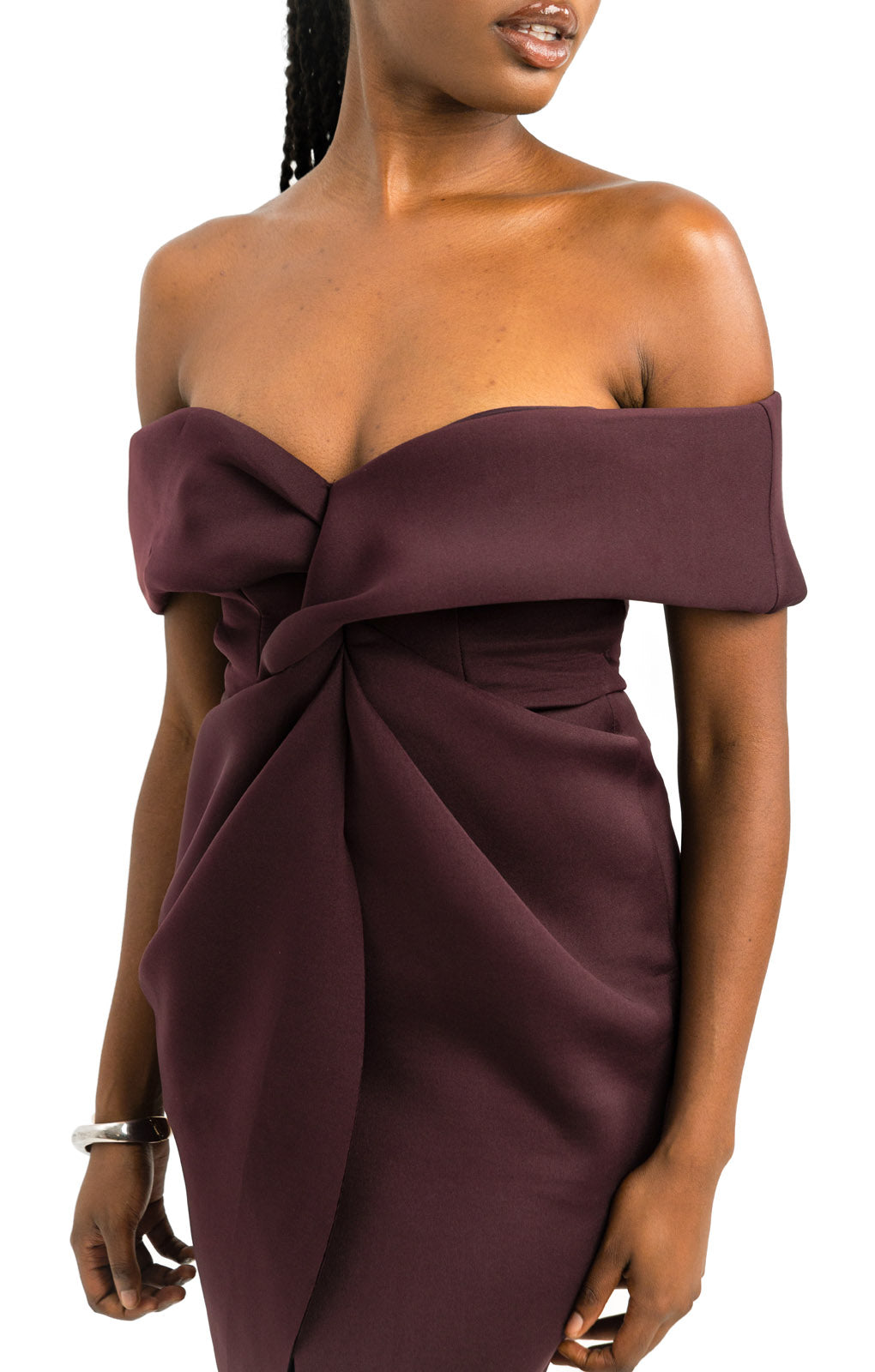 ASOS DESIGN Twist Front Off The Shoulder Midi Dress In Aubergine