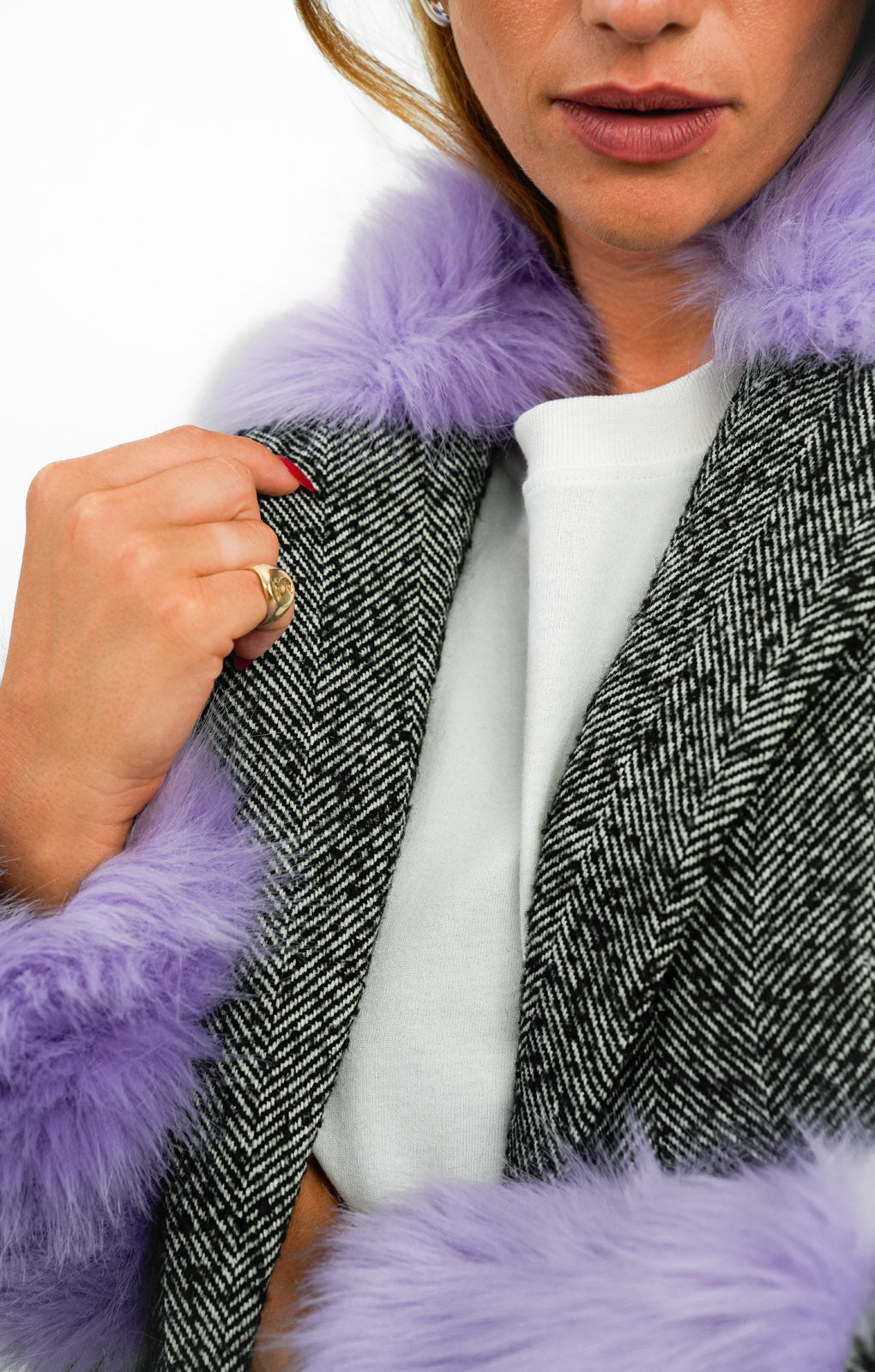 Miss Selfridge Faux Fur Collar And Shoulder Herringbone Longline Coat