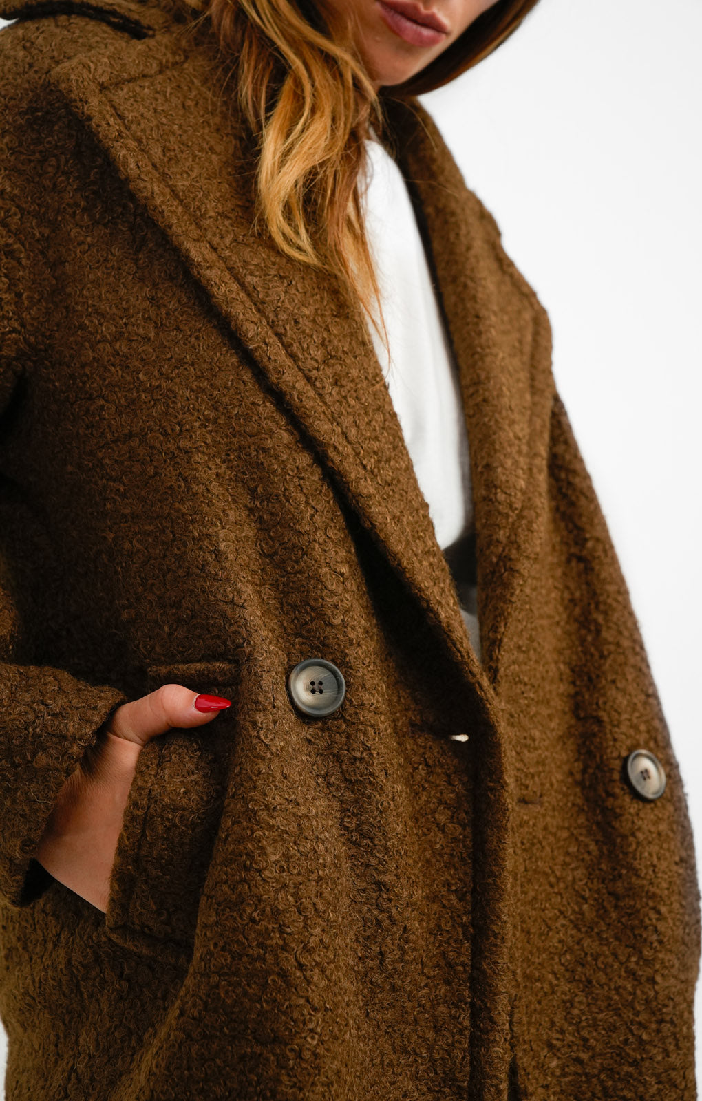 Helene Berman Double Breasted Boucle Coat In Brown