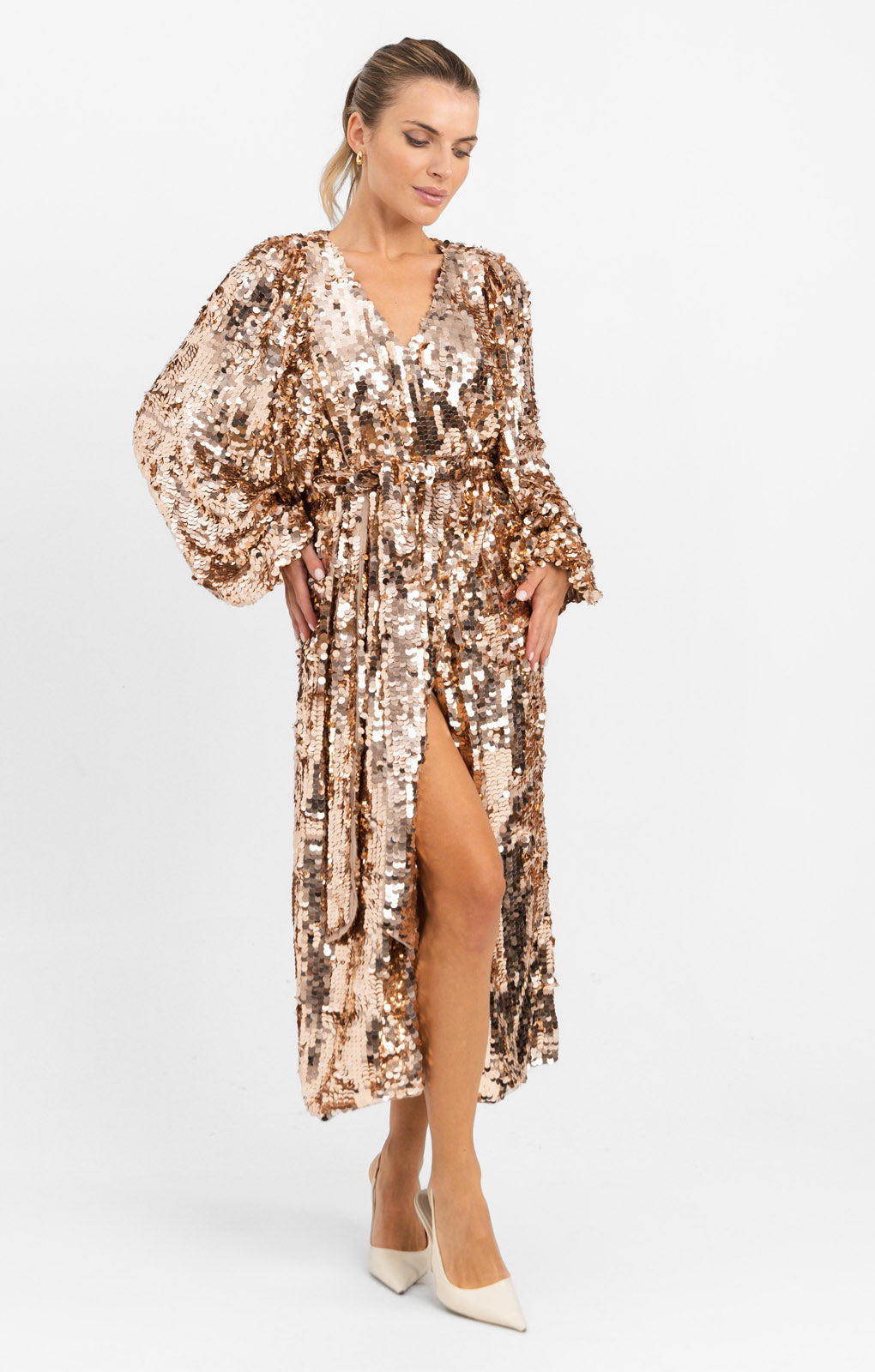 ASOS EDITION Batwing Sleeve Sequin Wrap Midi Dress In Gold