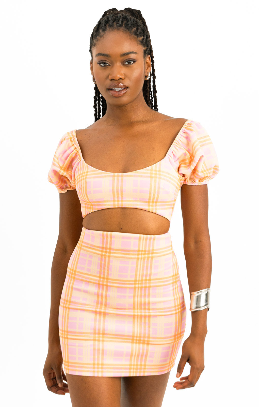 ASOS DESIGN Puff Sleeve Cut Out Mini Dress In Check Print