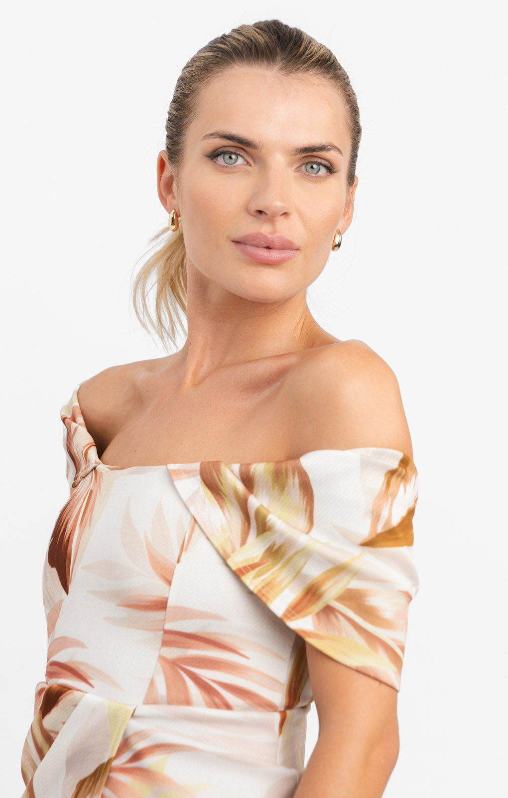 asos pleated shoulder pencil dress ASOS DESIGN Curve off-shoulder pleated waist detail midi pencil dress in apricot