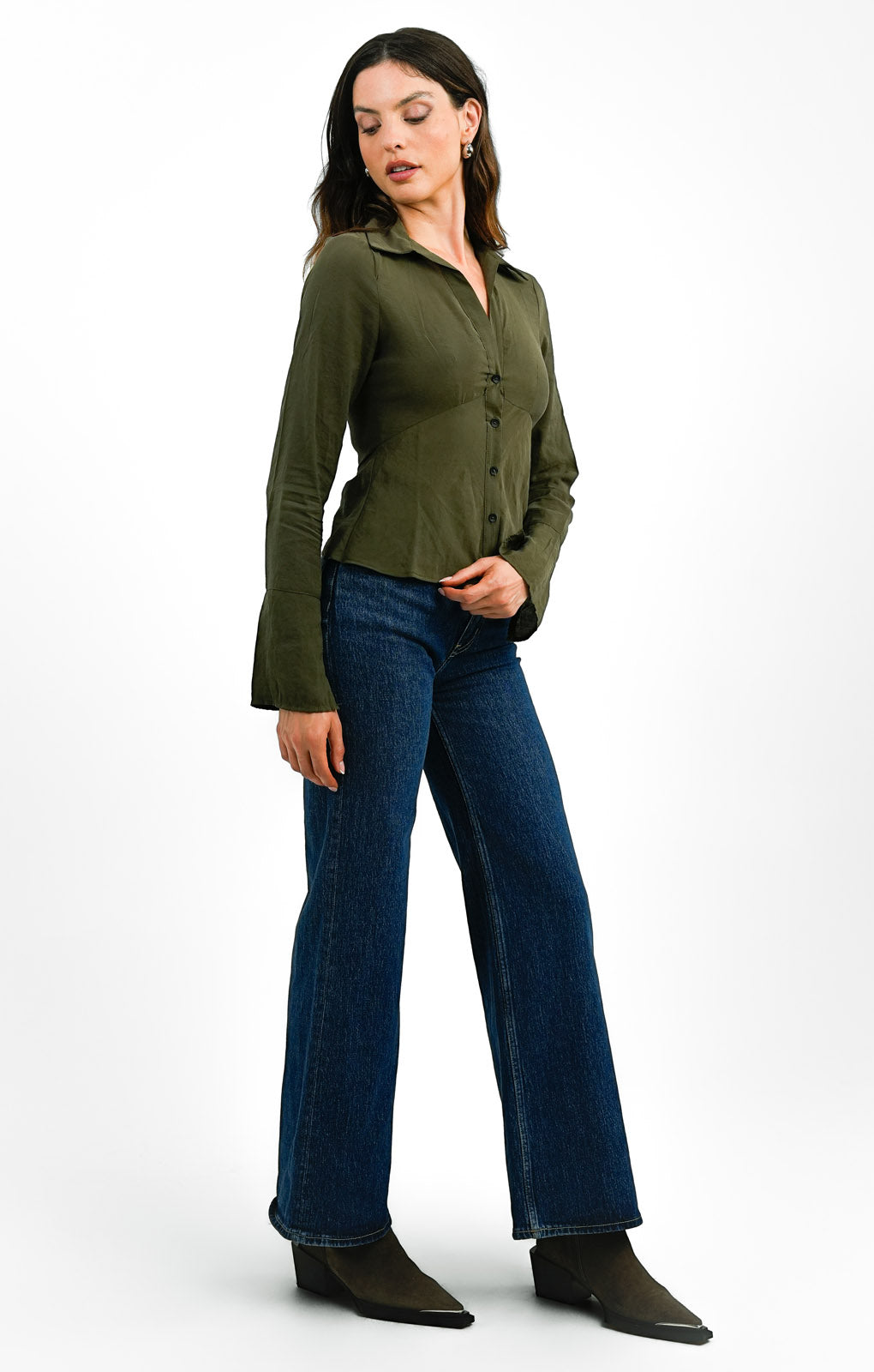 Topshop Slim Fit Open Collar Shirt In Khaki