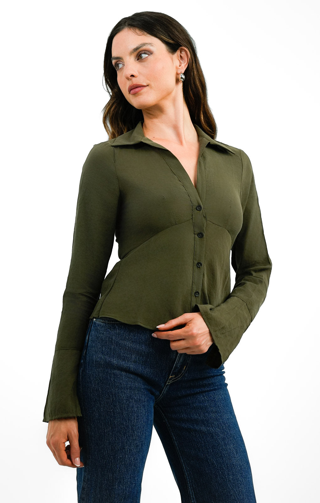 Topshop Slim Fit Open Collar Shirt In Khaki
