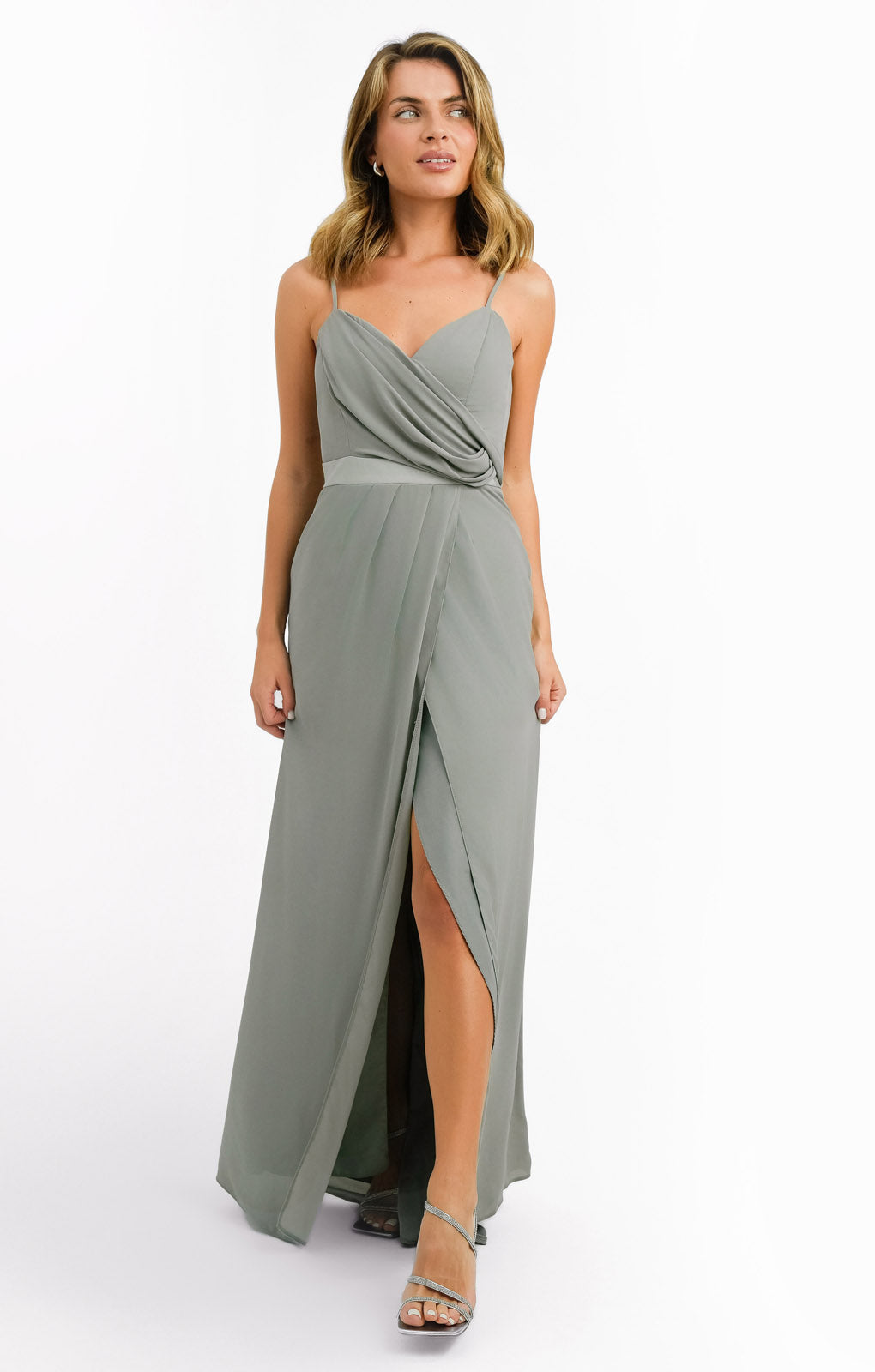 ASOS DESIGN Drape Cami Maxi Dress With Satin Waist Detail In Olive