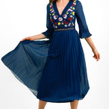 ASOS DESIGN Lace Insert Pleated Midi Dress With Embroidery In Navy