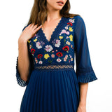 ASOS DESIGN Lace Insert Pleated Midi Dress With Embroidery In Navy