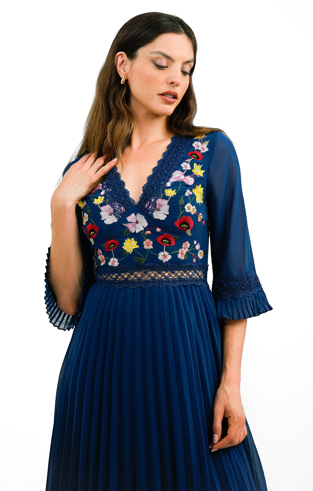 ASOS DESIGN Lace Insert Pleated Midi Dress With Embroidery In Navy ASOS DESIGN Lace Insert Pleated Midi Dress With Embroidery In Navy