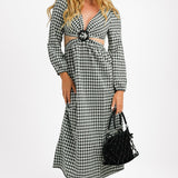 Miss Selfridge Cut Out Ring Detail Midi Dress In Mono Gingham
