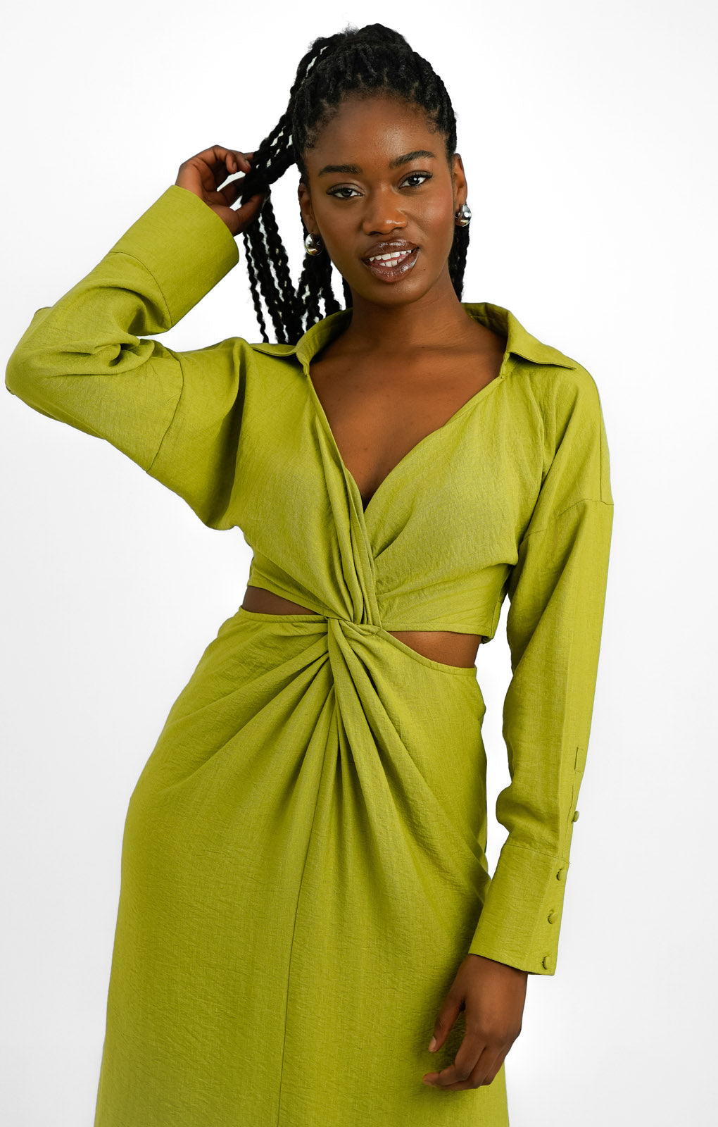 Rent ASOS EDITION Twist Front Midi Shirt Dress With Cut Out Back In Kiwi Green | Hirestreet Rent ASOS EDITION Twist Front Midi Shirt Dress With Cut Out Back In Kiwi Green | Hirestreet