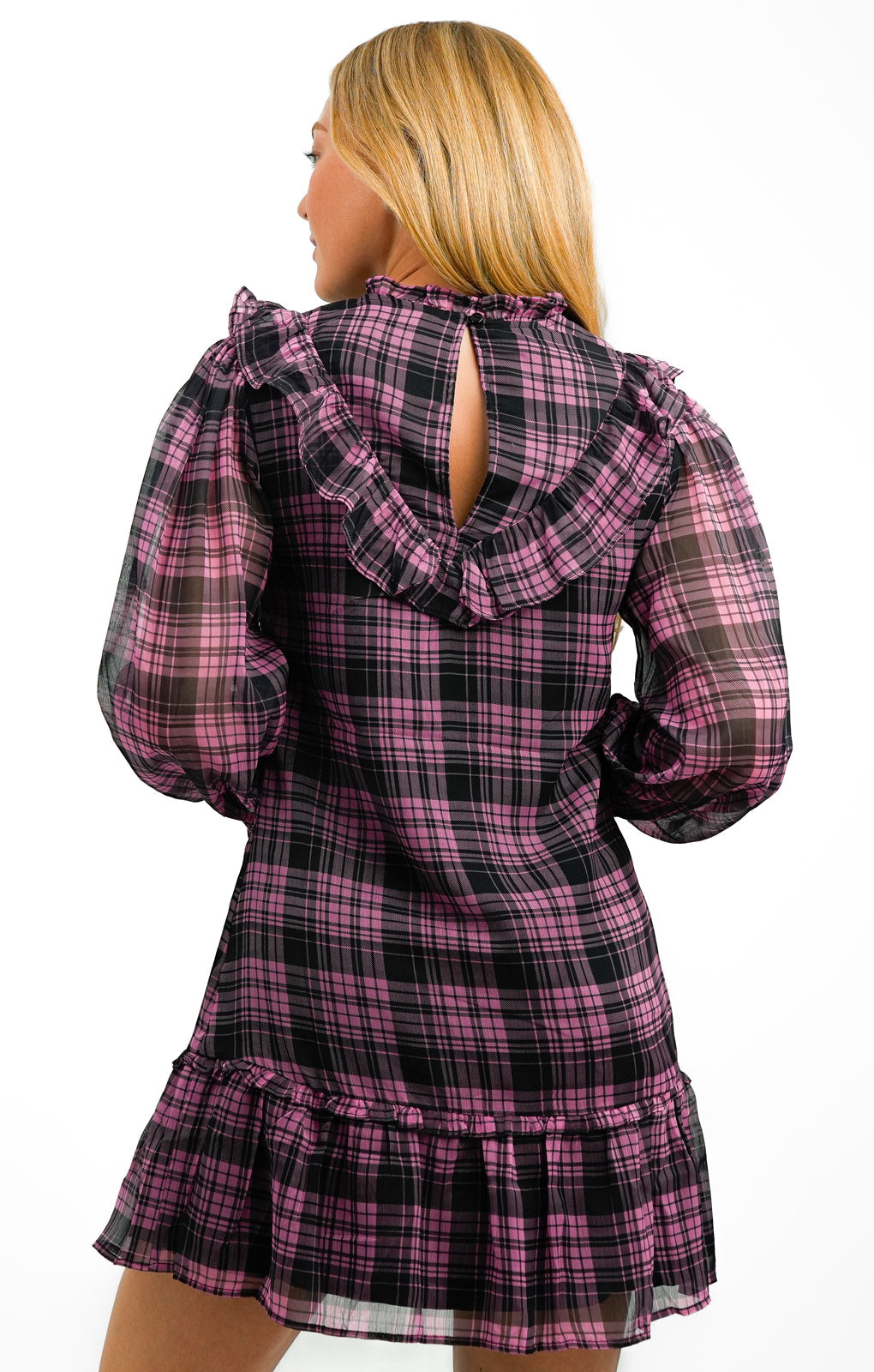 Miss Selfridge Chiffon Frill Bib Smock Mini Dress In Pink Gingham
