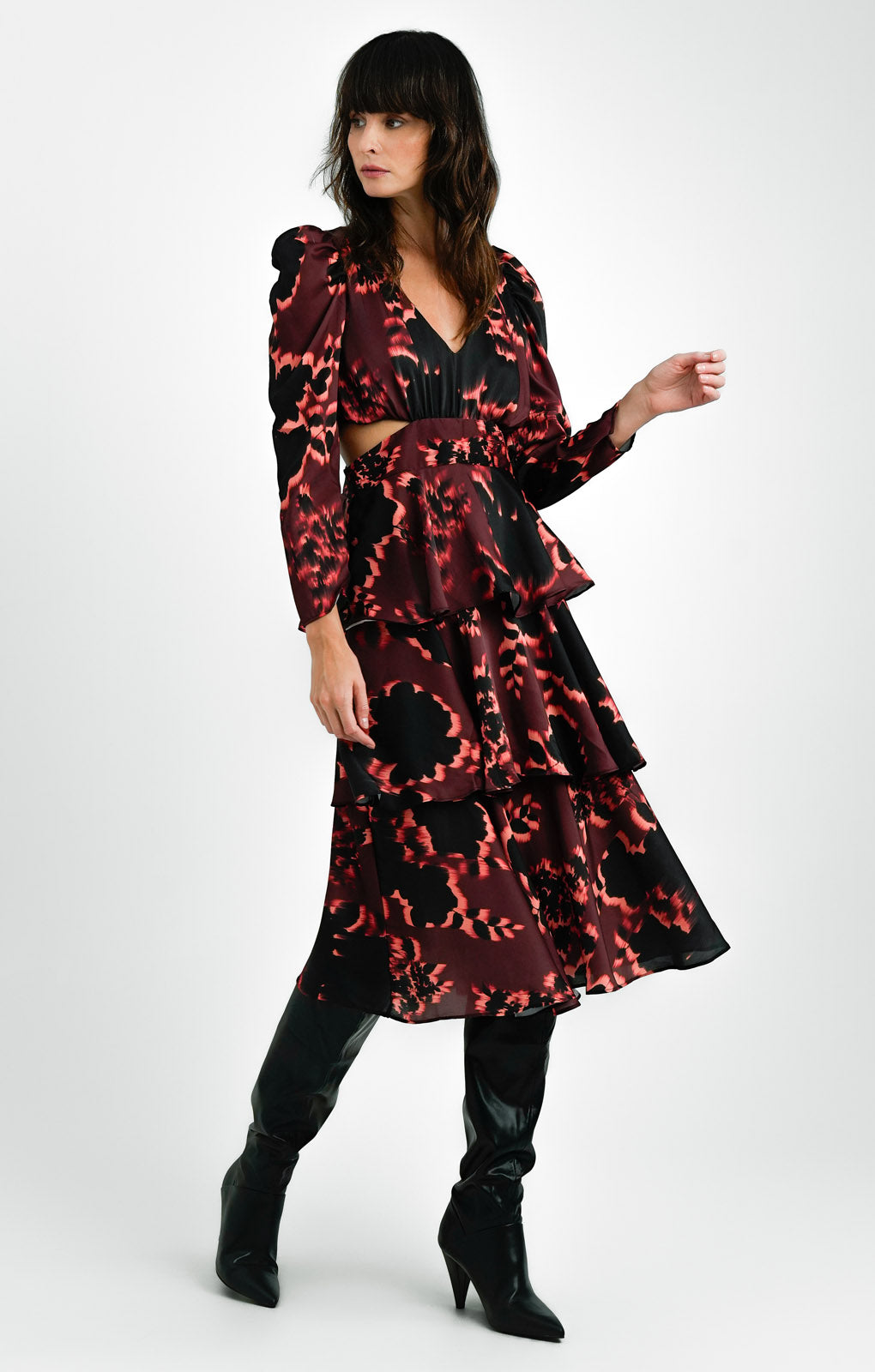 Topshop Cut Out Waist Floral Print Tiered Occasion Midi Dress In Burgundy