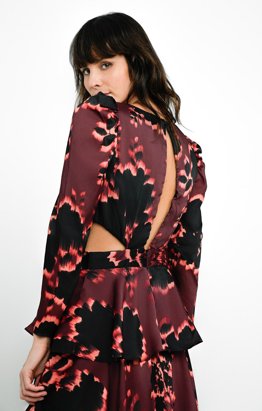 Topshop Cut Out Waist Floral Print Tiered Occasion Midi Dress In Burgundy