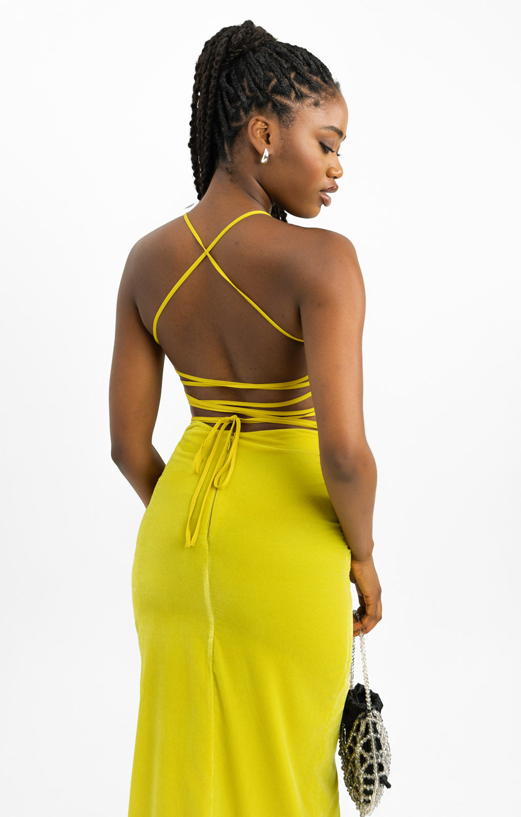 ASOS DESIGN Lace Up Back Midi Dress In Velvet In Mustard