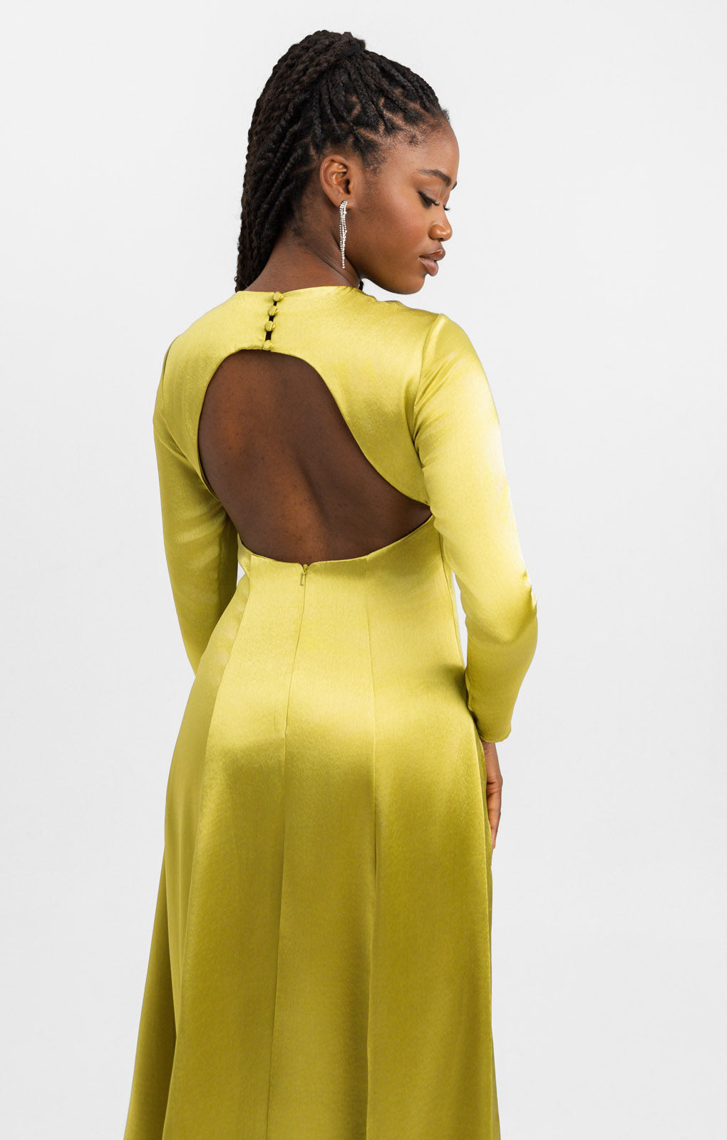 Topshop Open Back Long Sleeve Satin Occasion Maxi Dress In Chartreuse