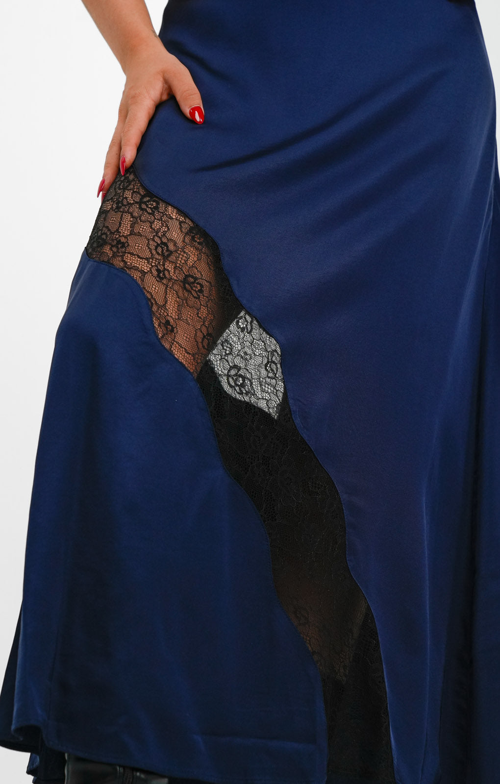 Edited Soft Satin Midi Dress With Lace Insert In Navy