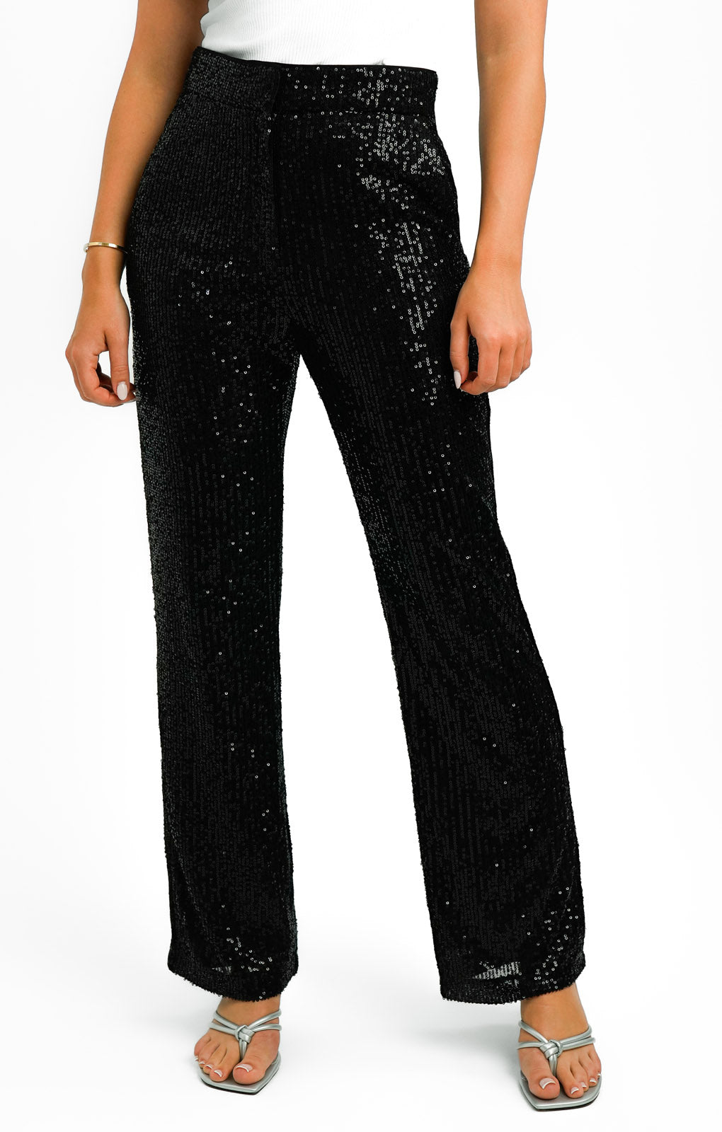 ASOS DESIGN Straight Sequin Ankle Grazer Trousers In Black