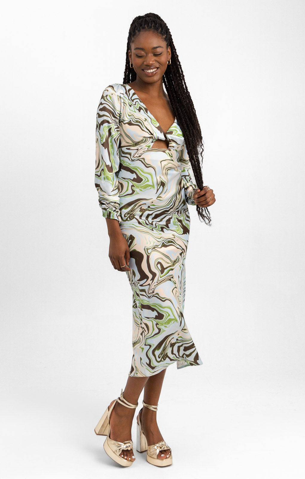 ASOS DESIGN Reversible Satin Twill Midi Dress With Twist Front In Marble Print
