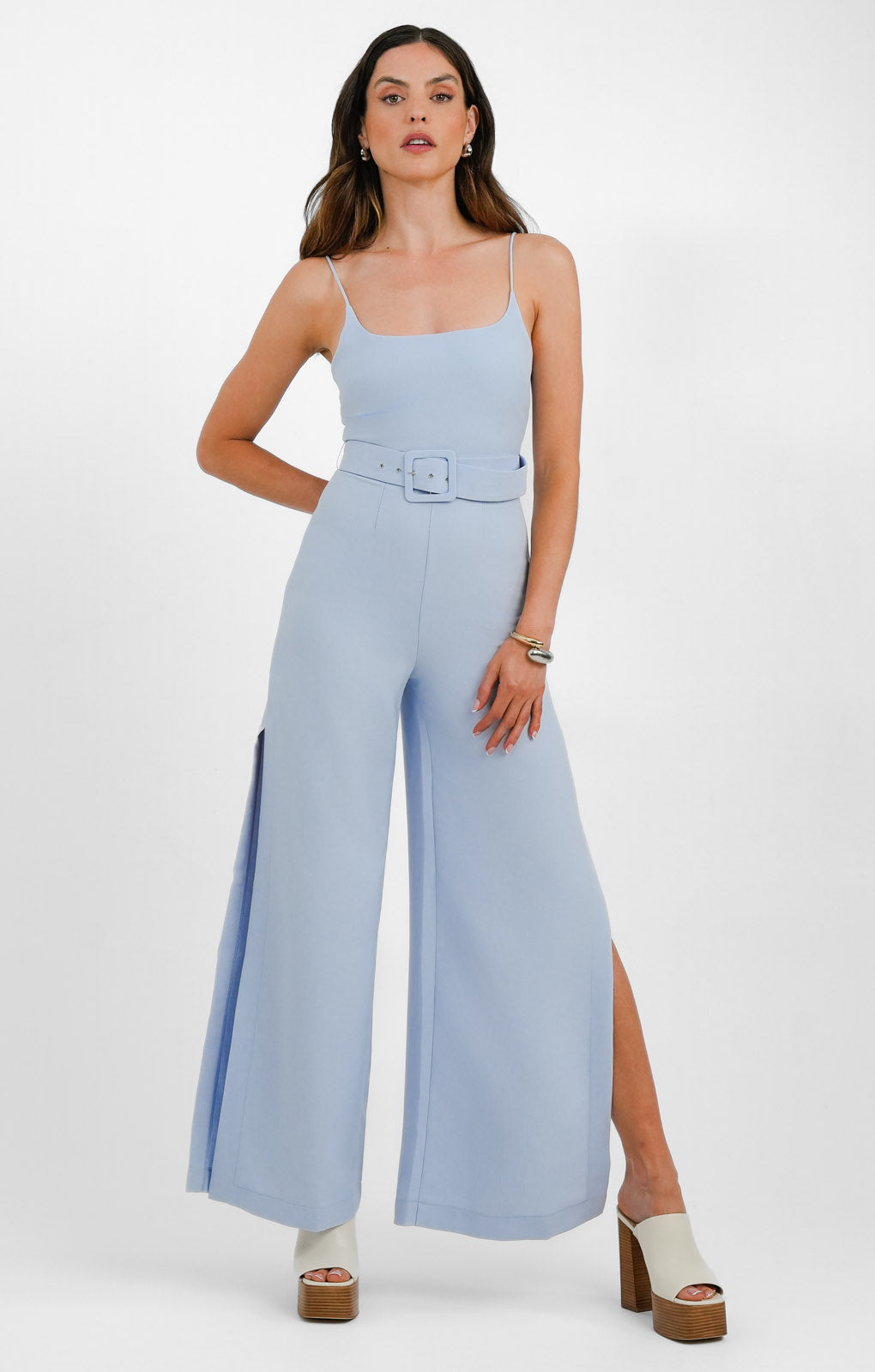 ASOS DESIGN Tailored Wide Leg Jumpsuit With Belt In Pale Blue