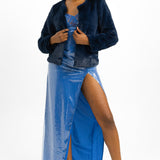 Unreal Fur Collarless Faux Fur Cropped Jacket In Navy