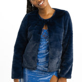 Unreal Fur Collarless Faux Fur Cropped Jacket In Navy