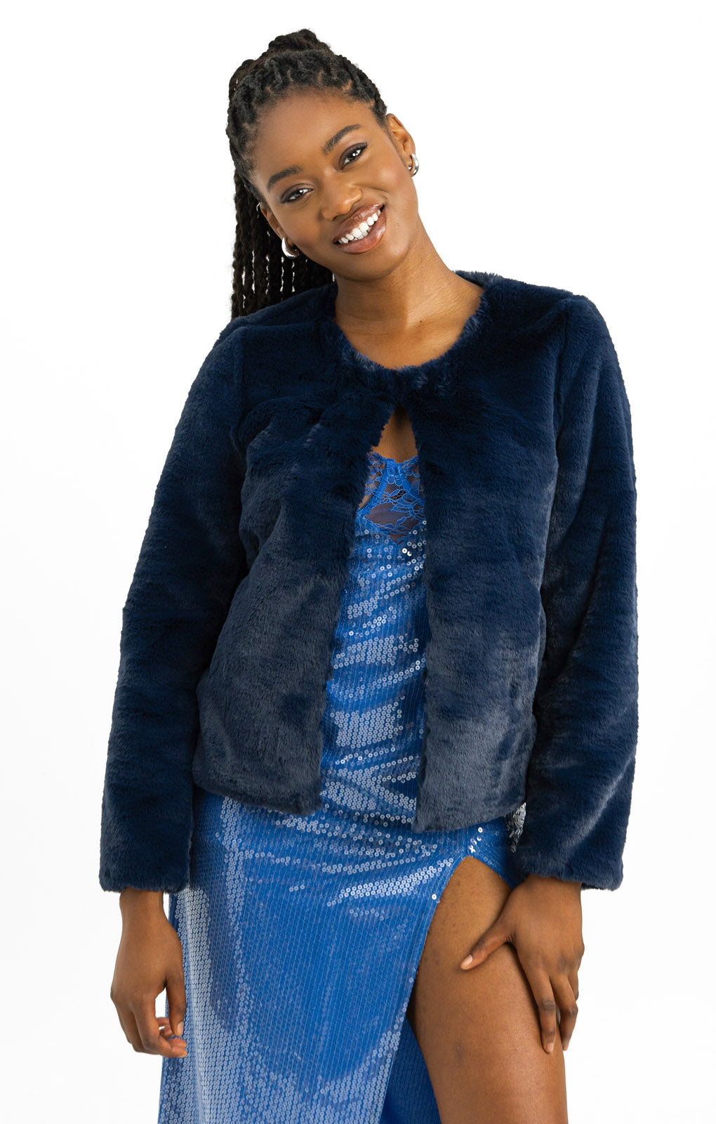 Unreal Fur Collarless Faux Fur Cropped Jacket In Navy