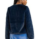 Unreal Fur Collarless Faux Fur Cropped Jacket In Navy