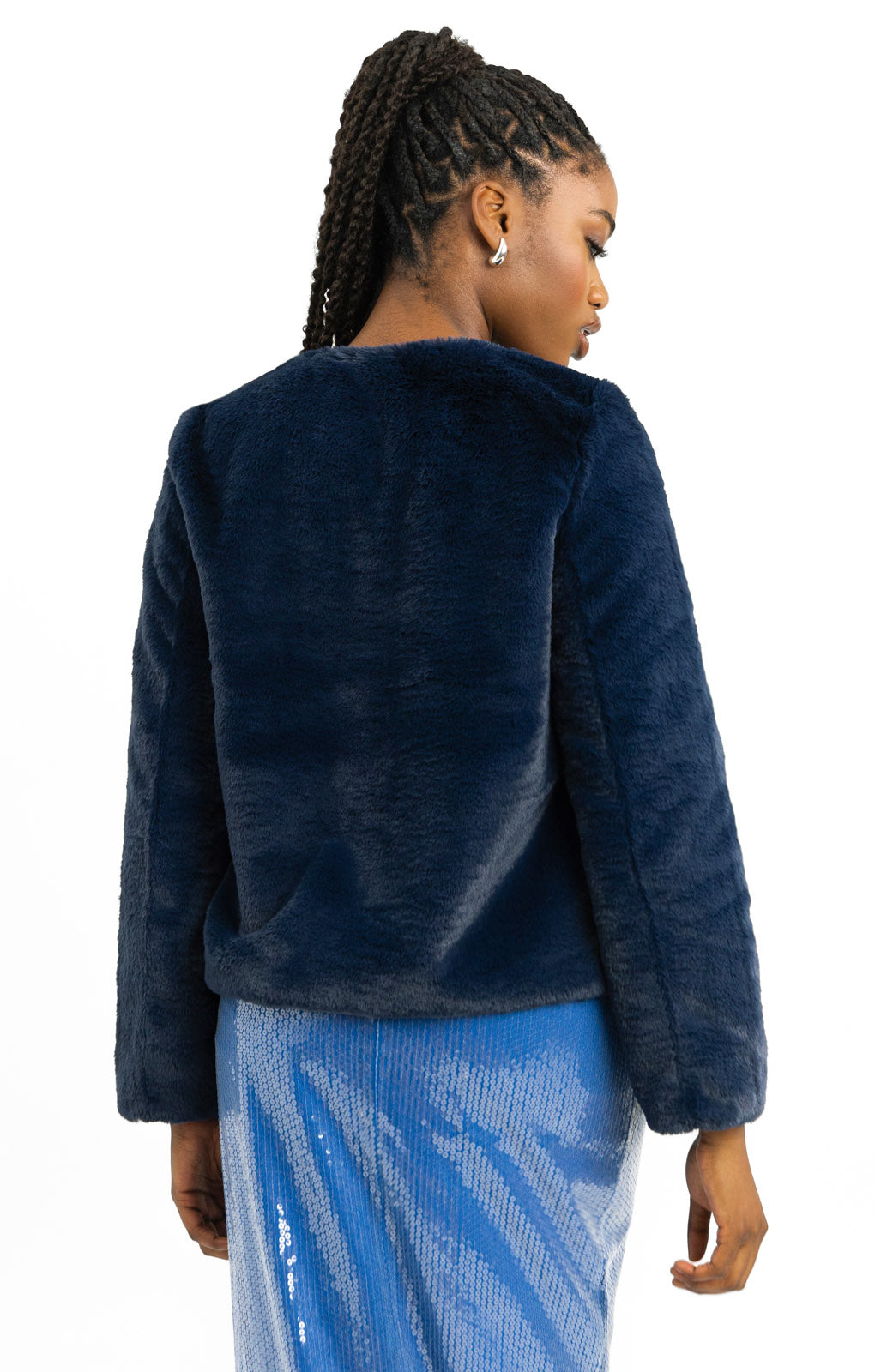 Unreal Fur Collarless Faux Fur Cropped Jacket In Navy