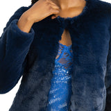 Unreal Fur Collarless Faux Fur Cropped Jacket In Navy