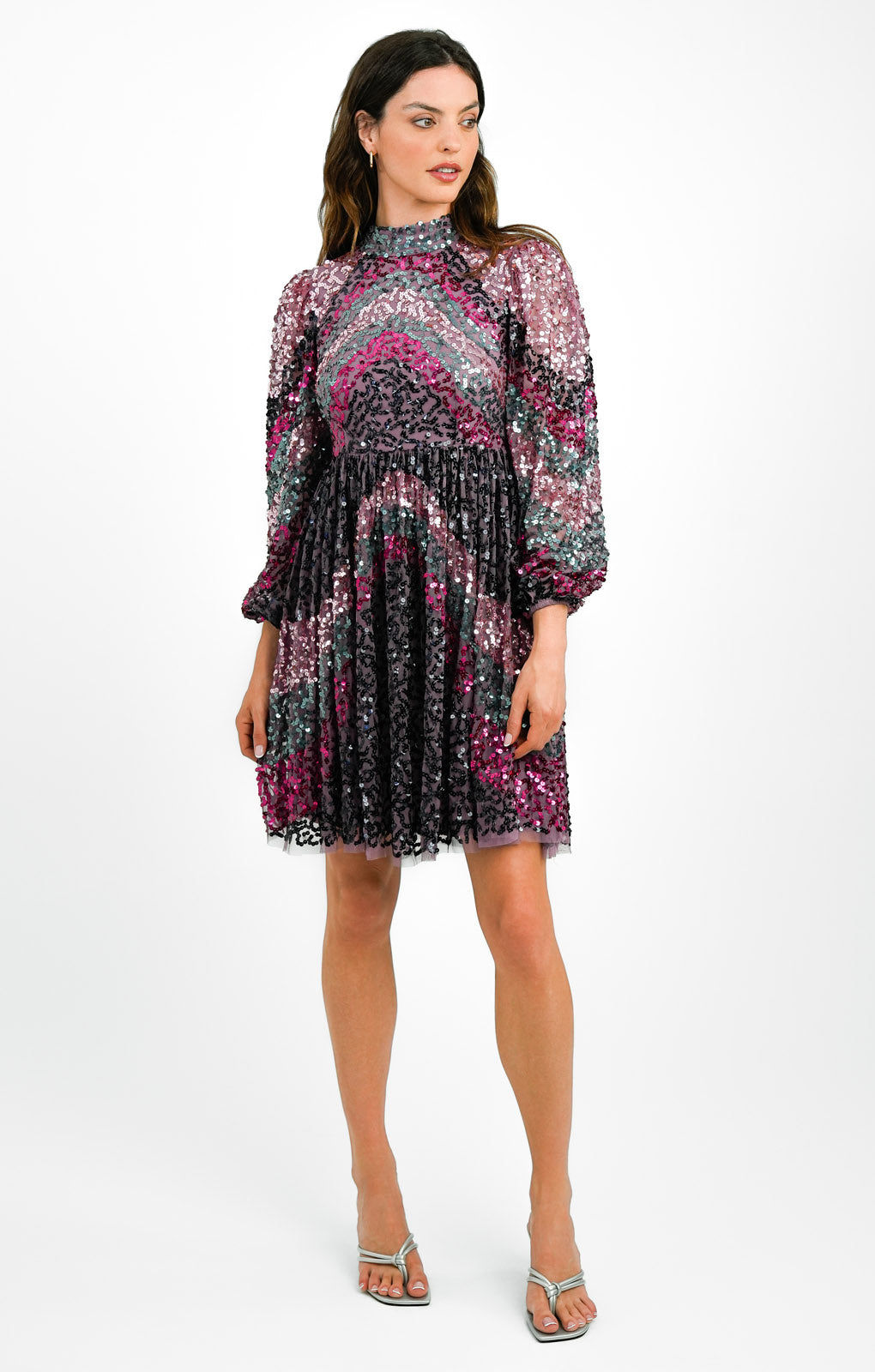 Maya Striped Embellished Open Back Mini Dress In Purple Mix
