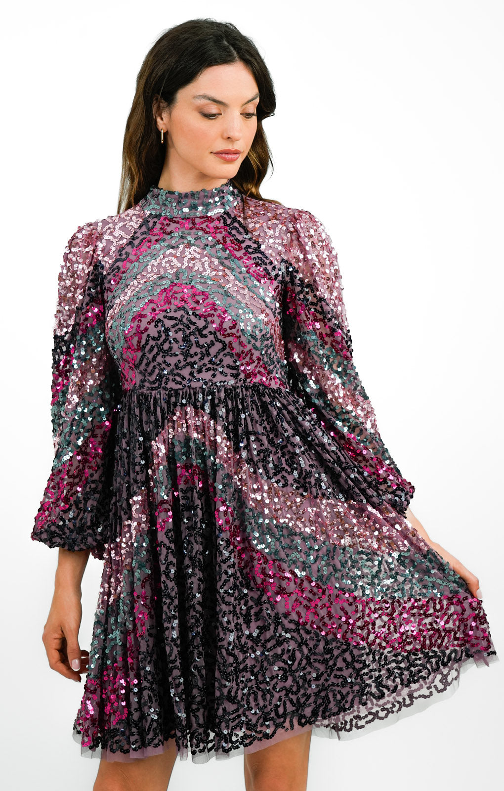 Maya Striped Embellished Open Back Mini Dress In Purple Mix