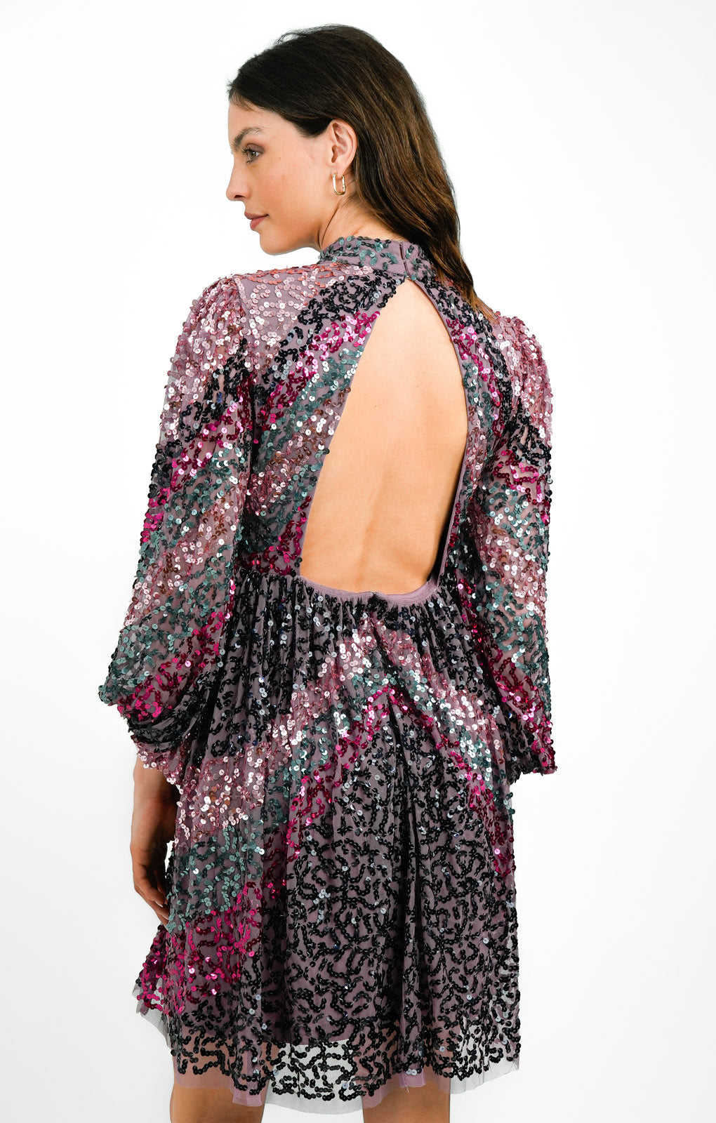 Maya Striped Embellished Open Back Mini Dress In Purple Mix