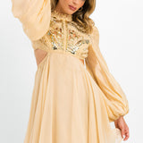 ASOS DESIGN Embellished Balloon Sleeve Mini Dress With Diamante Cage Cut Out Detail In Beige