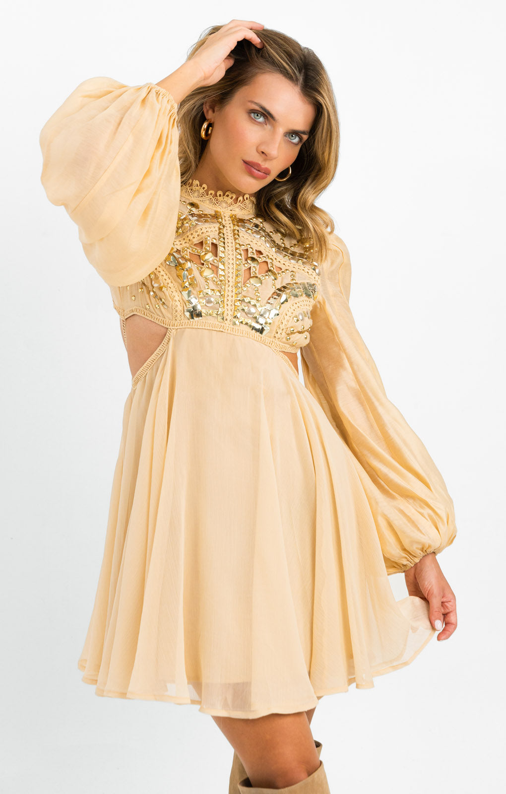 ASOS DESIGN Embellished Balloon Sleeve Mini Dress With Diamante Cage Cut Out Detail In Beige
