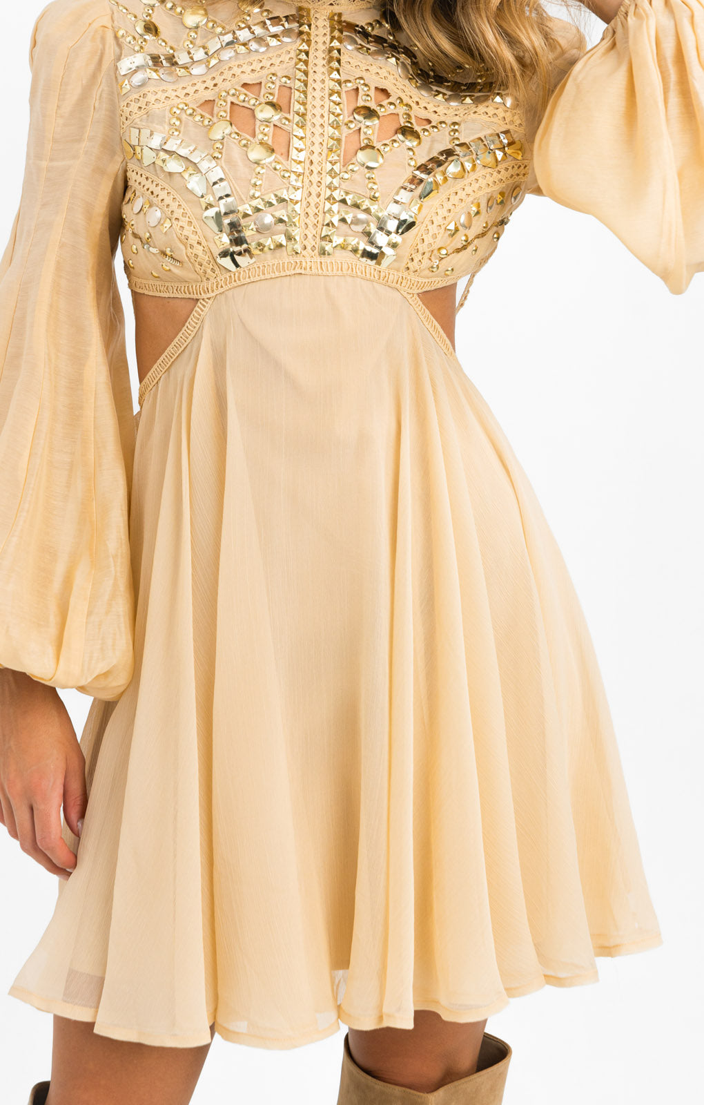 Rent ASOS DESIGN Embellished Balloon Sleeve Mini Dress With Diamante Cage Cut Out Detail In Beige | Hirestreet Rent ASOS DESIGN Embellished Balloon Sleeve Mini Dress With Diamante Cage Cut Out Detail In Beige | Hirestreet