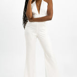 In The Style x Yasmin Devonport Exclusive Satin Halterneck Split Front Detail Wide Leg Jumpsuit In White