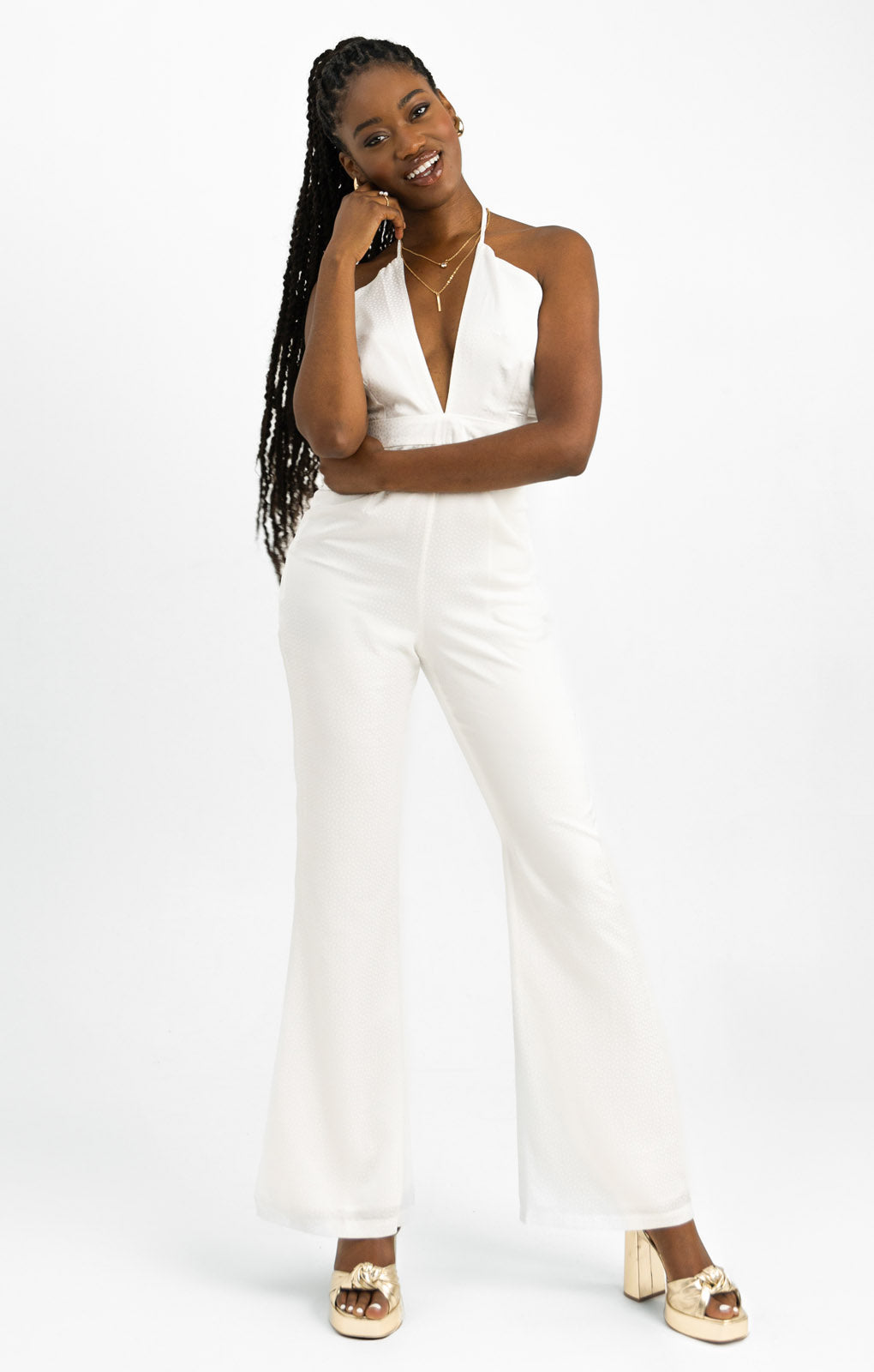 In The Style x Yasmin Devonport Exclusive Satin Halterneck Split Front Detail Wide Leg Jumpsuit In White