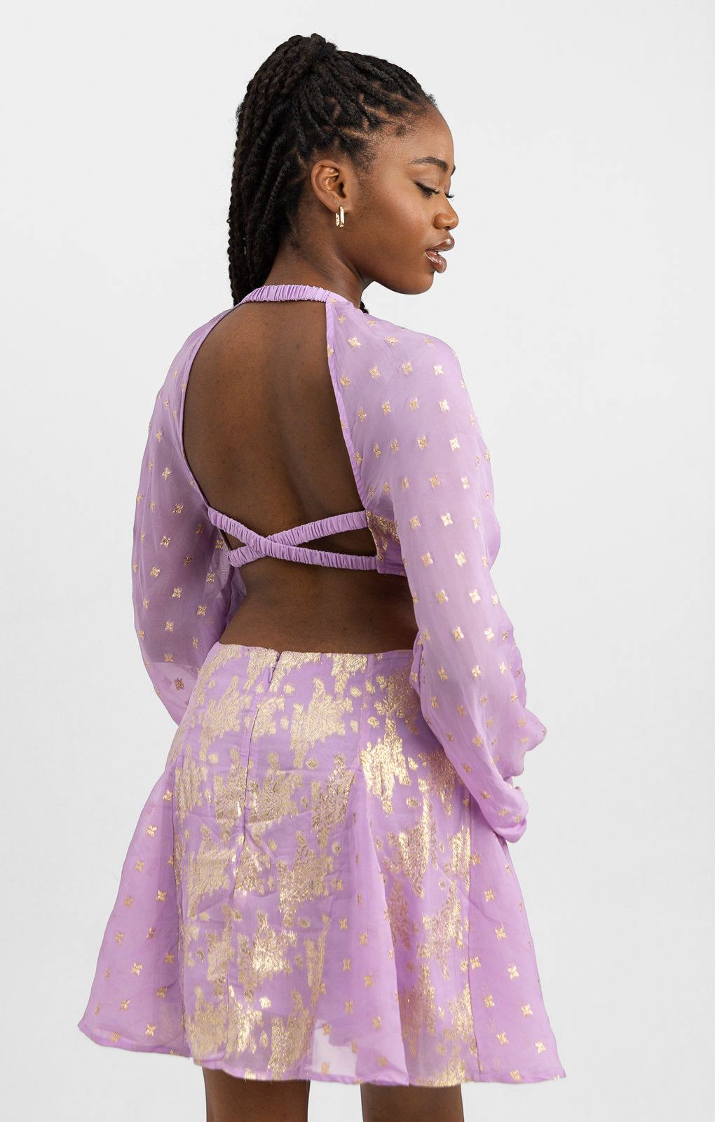 ASOS DESIGN Metallic Jacquard Mini Dress With Open Back And Cut Out Waist In Lilac