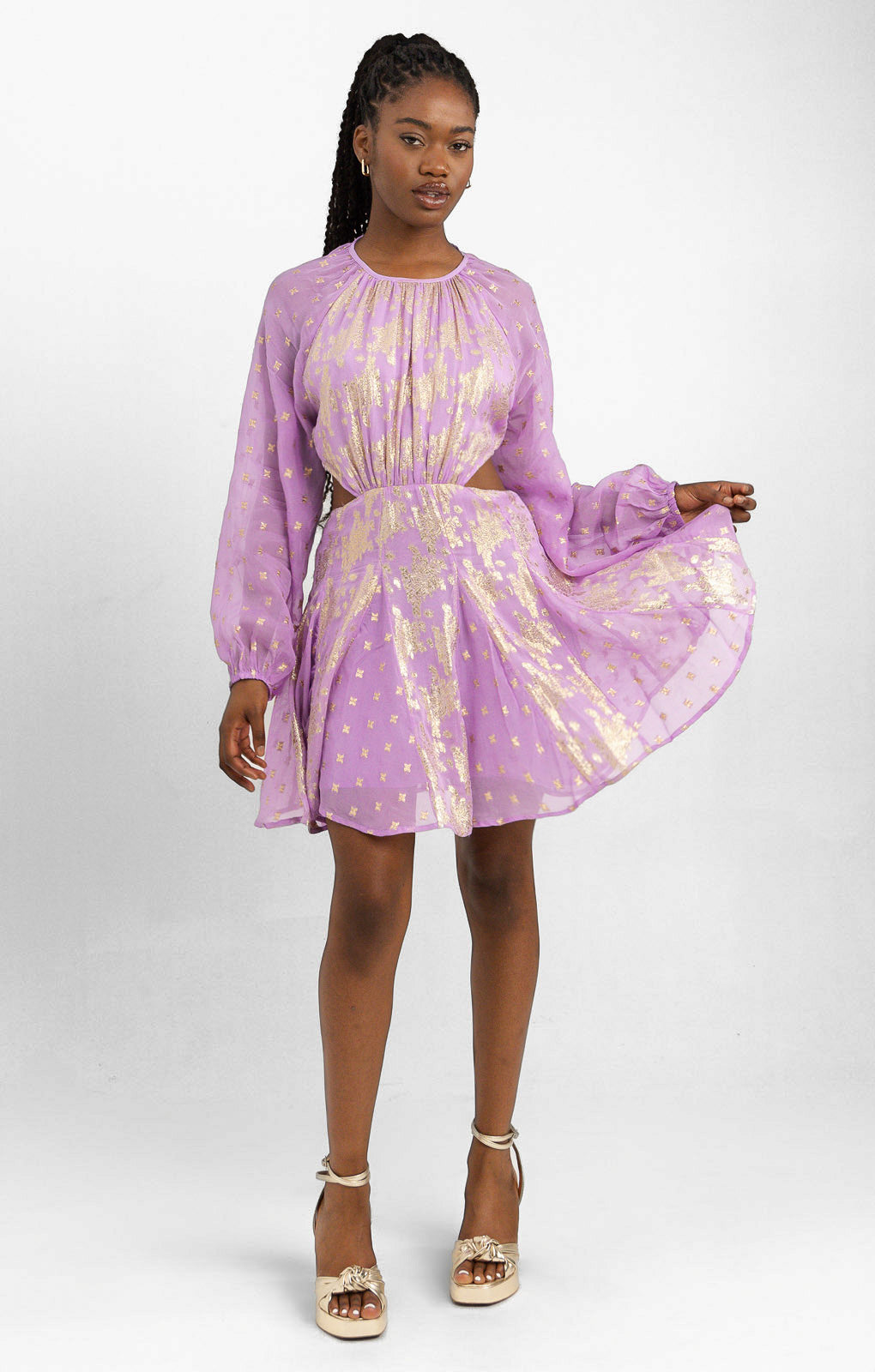ASOS DESIGN Metallic Jacquard Mini Dress With Open Back And Cut Out Waist In Lilac