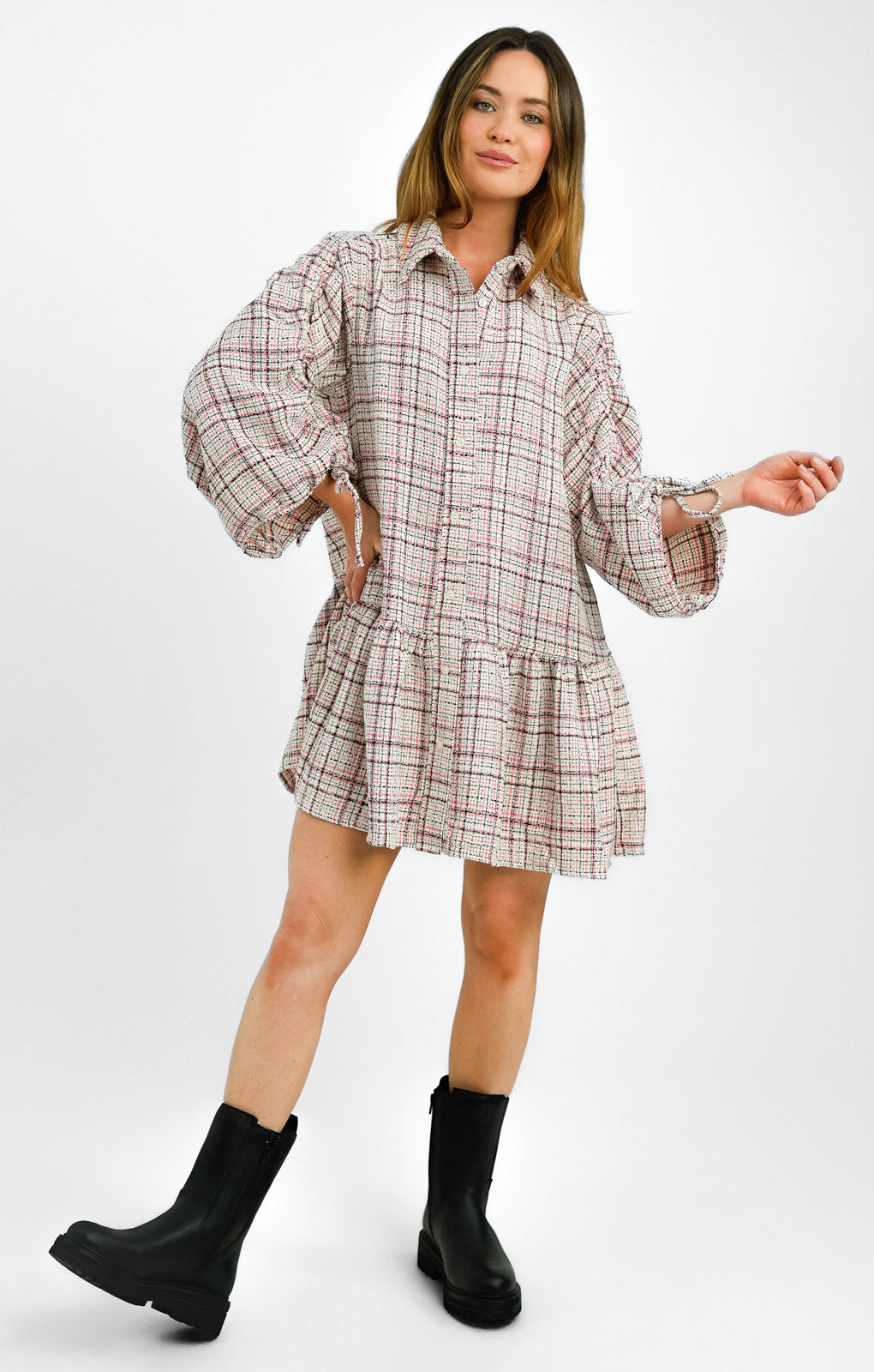 ASOS DESIGN Petite Boucle Mini Smock Shirt Dress With Pephem In Cream And Pink
