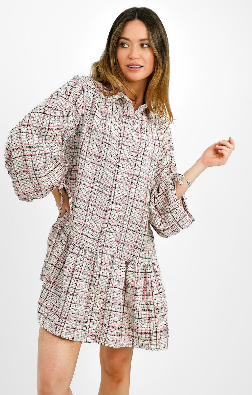 ASOS DESIGN Petite Boucle Mini Smock Shirt Dress With Pephem In Cream And Pink