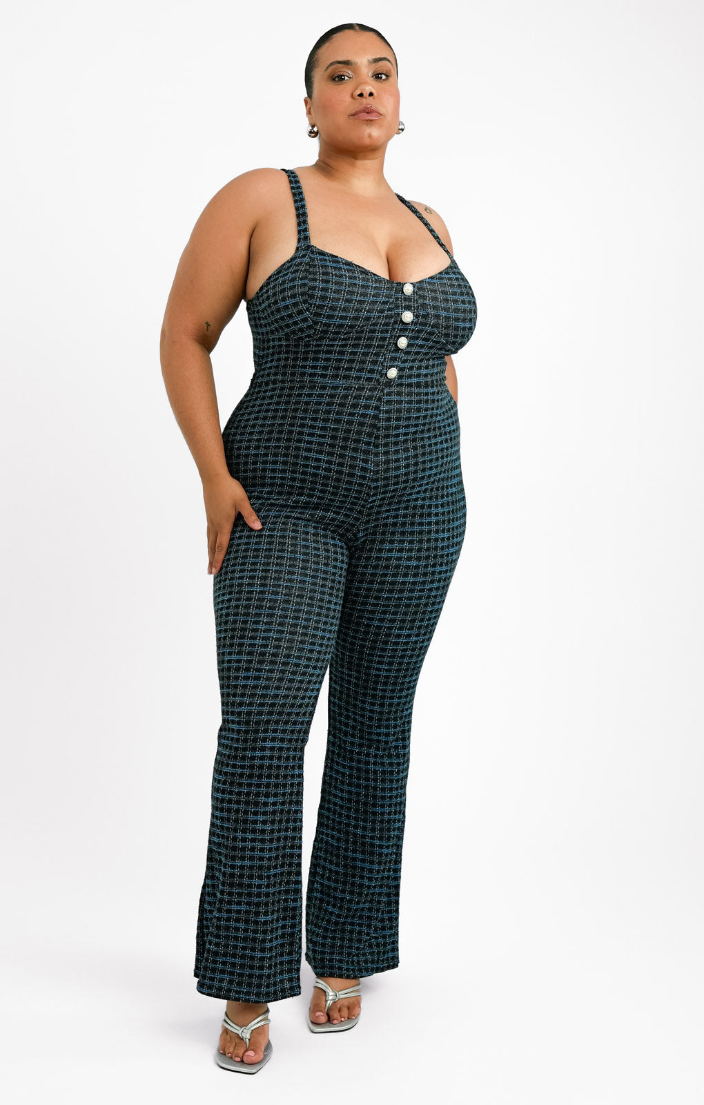 ASOS DESIGN Curve Boucle Button Front Jumpsuit With Flare Leg In Houndstooth