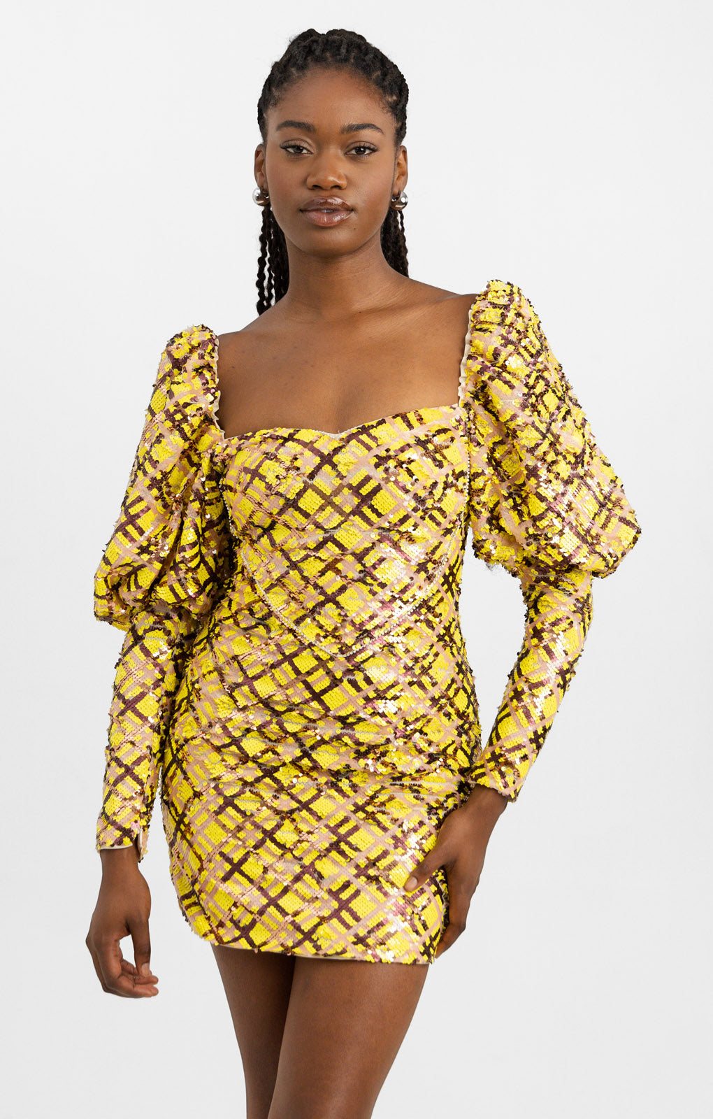 ASOS Luxe Sequin Embellished Love Heart Puff Sleeve Mini Dress In Check