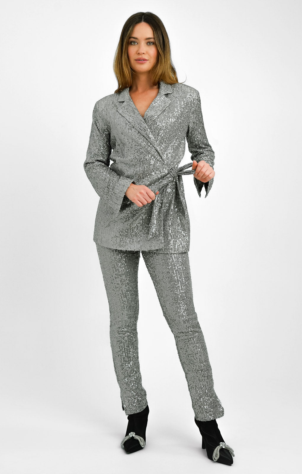 ASOS DESIGN Petite Jersey Sequin Tie Waist Blazer In Gunmetal