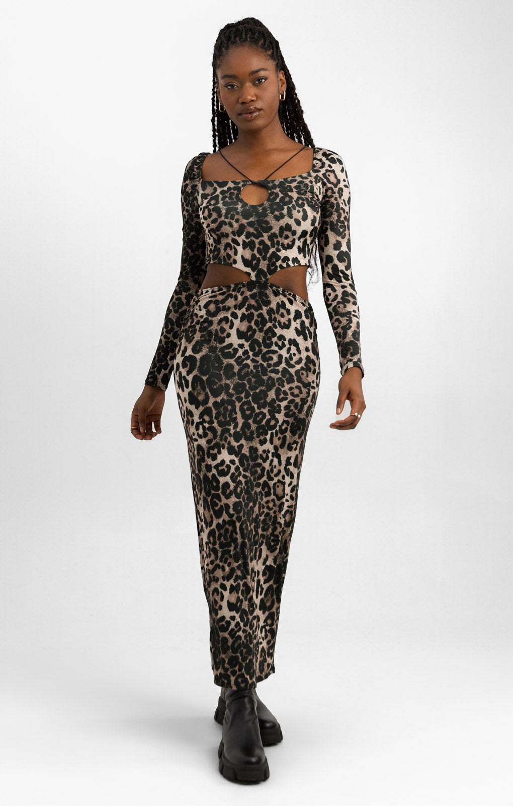ASOS DESIGN Long Sleeve Maxi Dress With Low Rise Skirt In Leopard Print