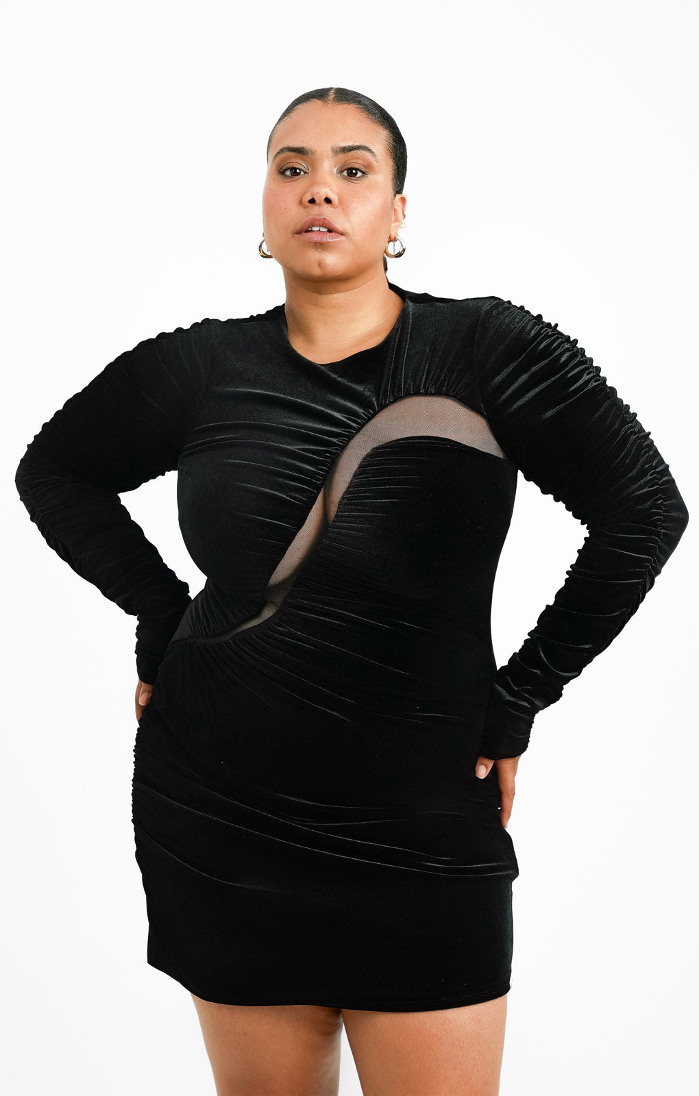 Topshop Curve Velvet And Mesh Ruched Detail Mini Dress In Black