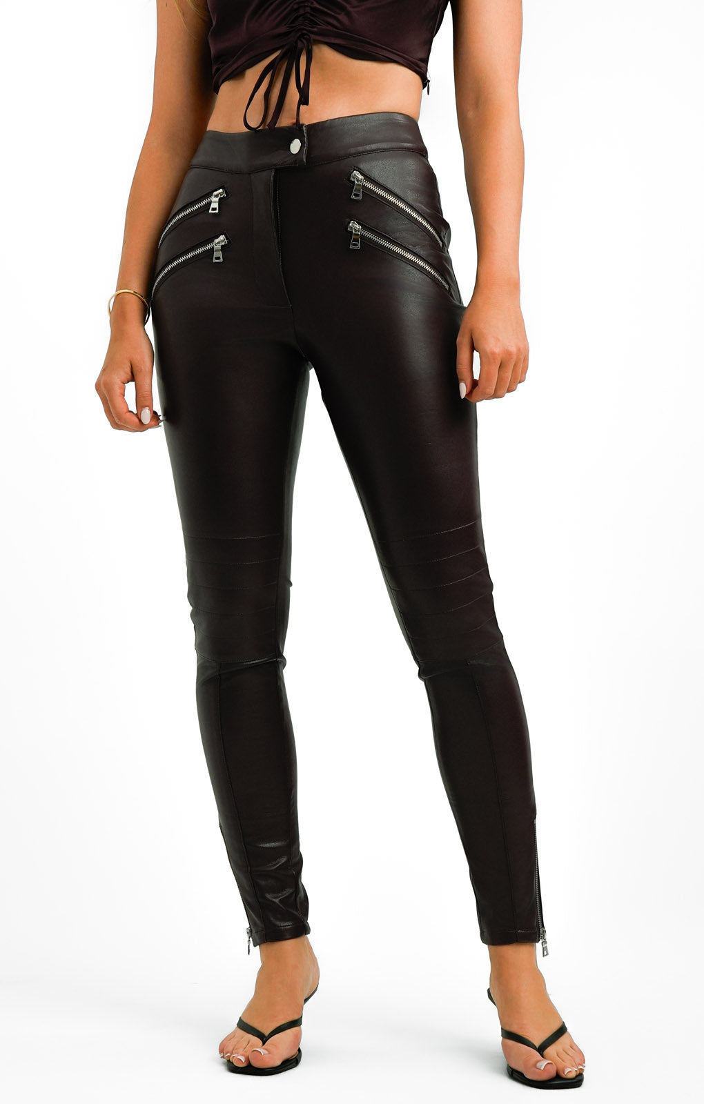 ASOS DESIGN Faux Leather Skinny Biker With Zips In Brown